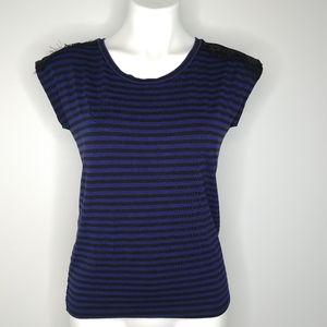 Kenar blue and black striped shirt lace and zipper